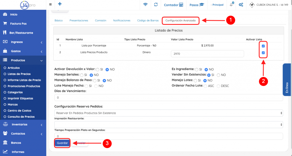 configuración lista precios